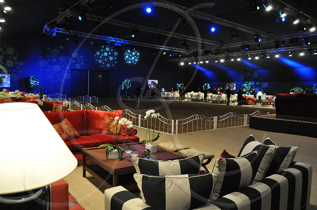 Lounge area at a corporate event, staged furniture and lighting, Rahal Maître Traiteur in Casablanca